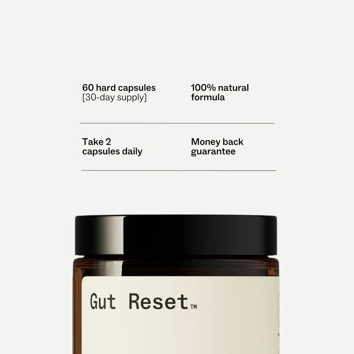 Jar of 'Gut Reset' capsules with product details on a white background