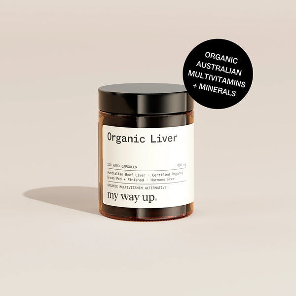 Jar of 'Organic Liver' capsules with a label on a beige background