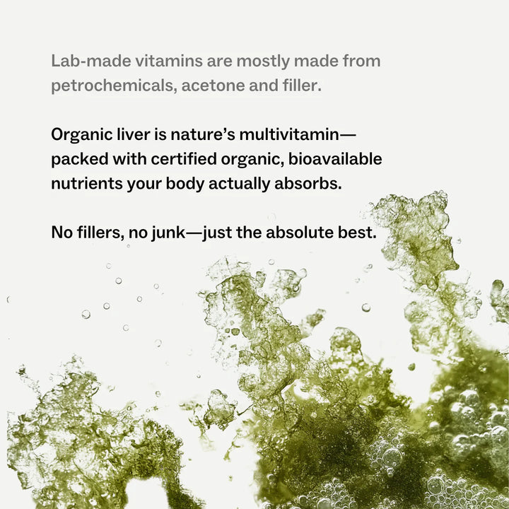 Text about lab-made vitamins versus organic liver as a natural multivitamin with green abstract design.