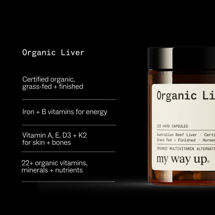 Bottle of 'Organic Liver' capsules with label details on a black background