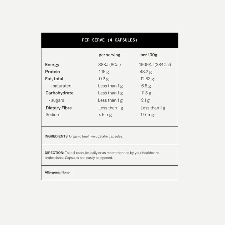 Nutritional information panel for a supplement with serving size and per 100g details.