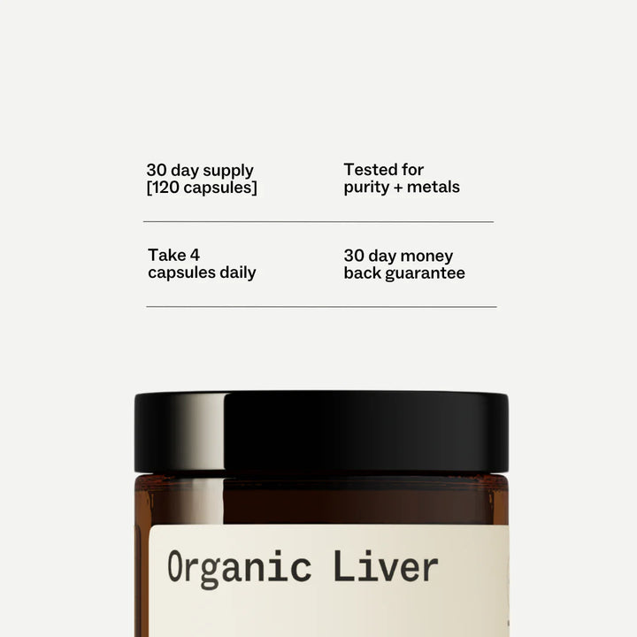Jar of 'Organic Liver' capsules with product details on a white background