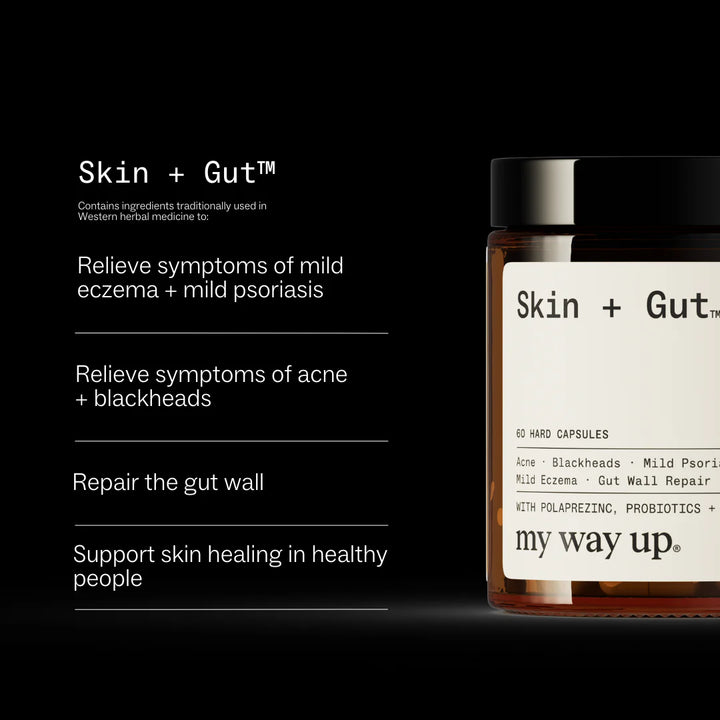 Bottle of 'Skin + Gut' capsules with product description on a black background
