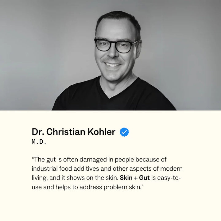 Black and white portrait of a man with text about skin and gut health.