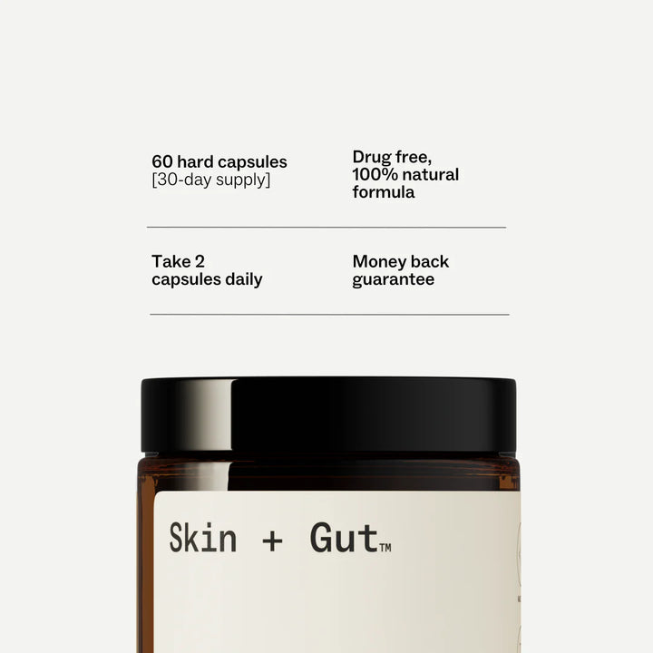 Jar of 'Skin + Gut' capsules with product details on a white background