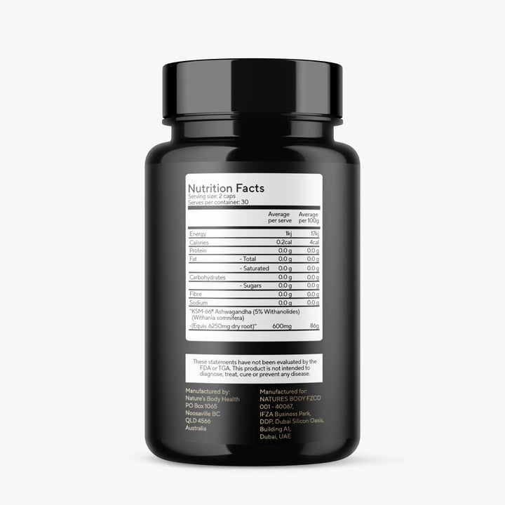 Black supplement bottle with nutrition facts label on a white background