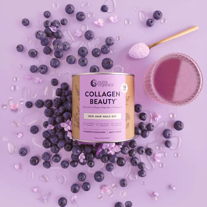 Nutra Organics Collagen Beauty with Verisol & Vitamin C Blueberry Wildflower with ingredients