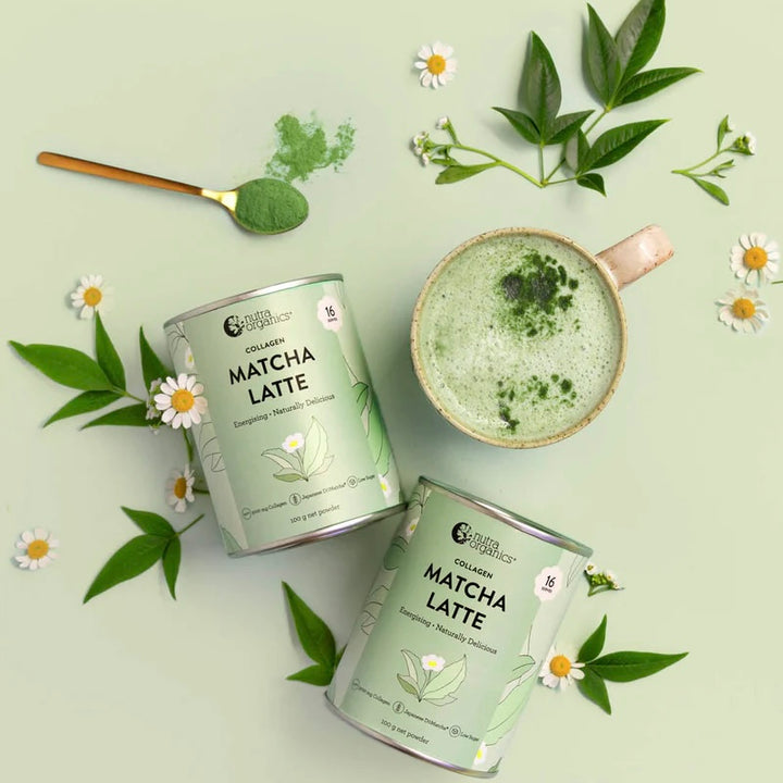 Nutra Organics Collagen Matcha Latte with cup and powder