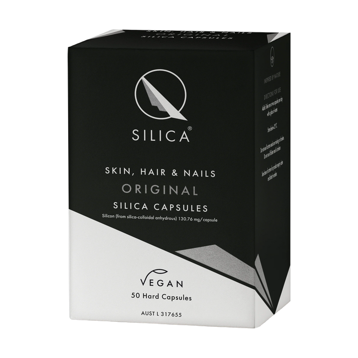 Box of Silica skin, hair, and nails capsules on a white background