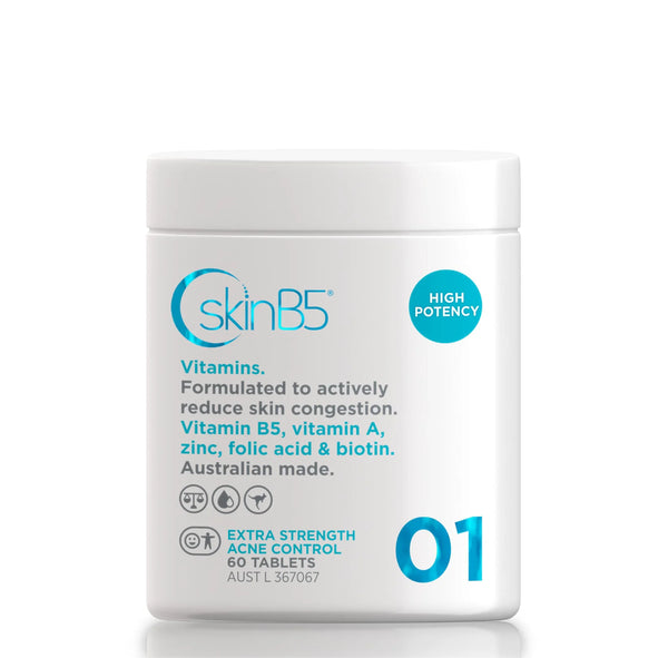 Jar of skinBS Extra Strength Acne Control tablets on a white background