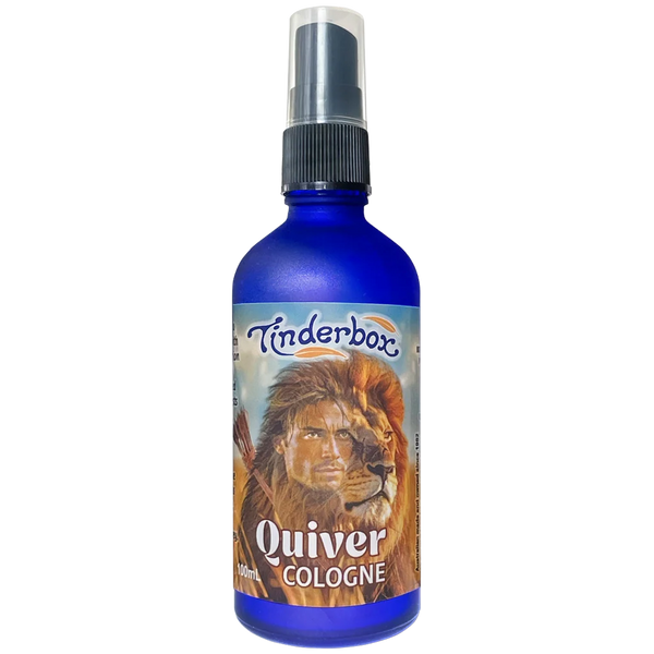 Blue bottle of Tinderbox Quiver Cologne with a label featuring a man and lion.
