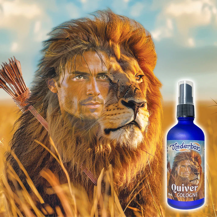 Bottle of Tinderbox Quiver Cologne with a lion-themed design on a natural background