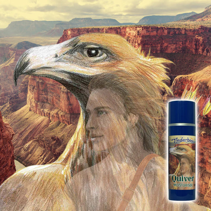 Moisturizer bottle labeled 'Quiver' with a scenic background of a canyon.