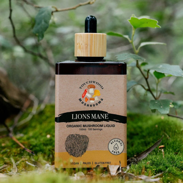 Mushroom liquid bottle with dropper labeled 'Lions Mane' on a natural background