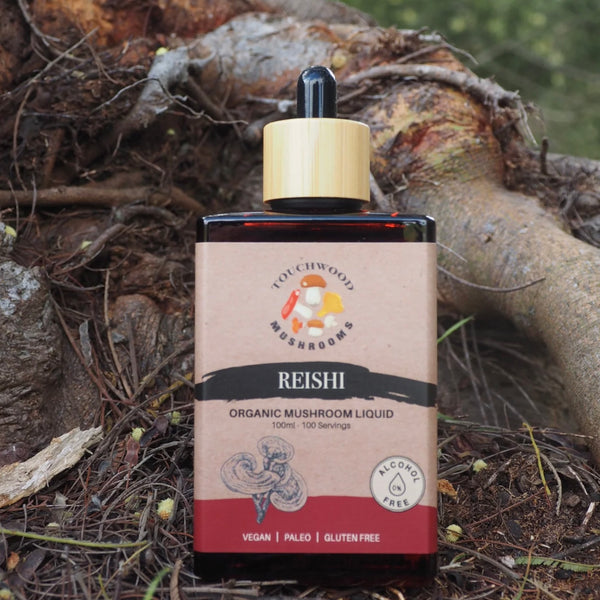 Touchwood Mushrooms Reishi organic mushroom liquid bottle on a natural background