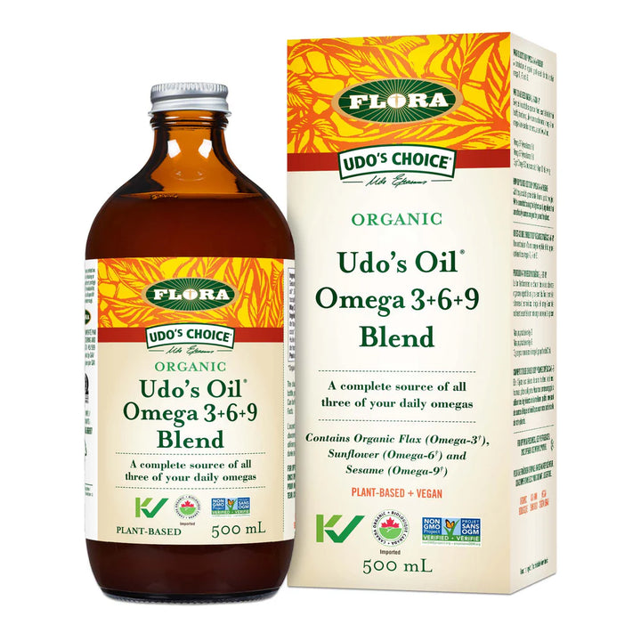Udo's Choice Organic Udo's Oil Omega 3+6+9 Blend bottle and packaging on a white background