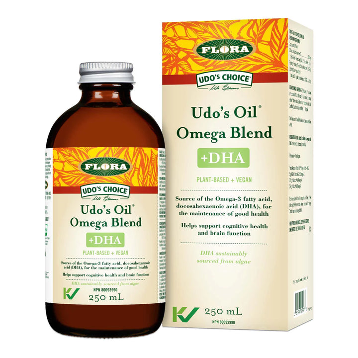 Bottle and box of Udo's Choice Udo's Oil Omega Blend + DHA on a white background
