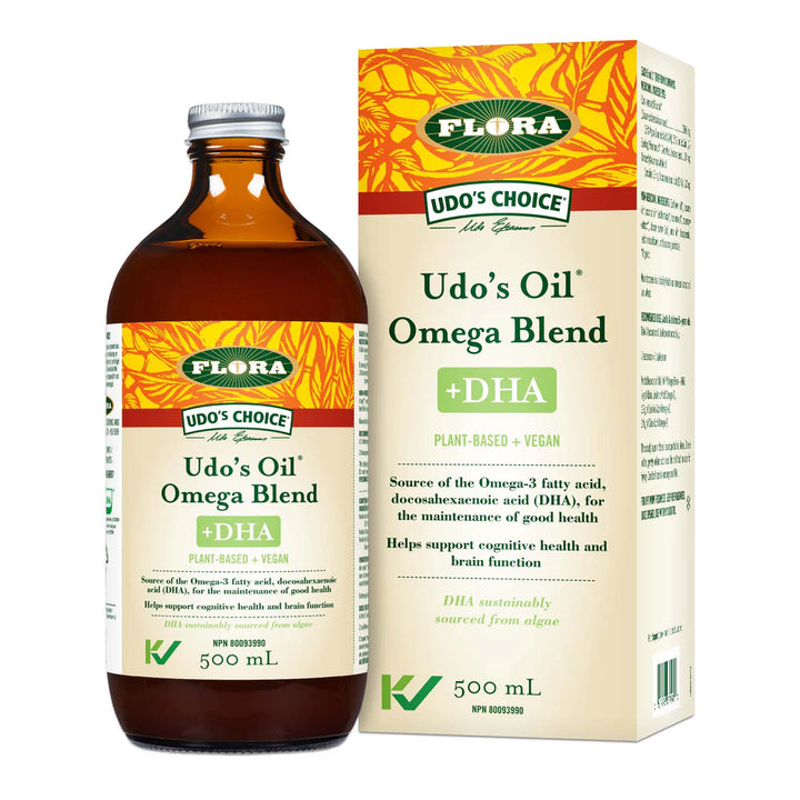 Bottle and packaging of Udo's Choice Udo's Oil Omega Blend + DHA on a white background