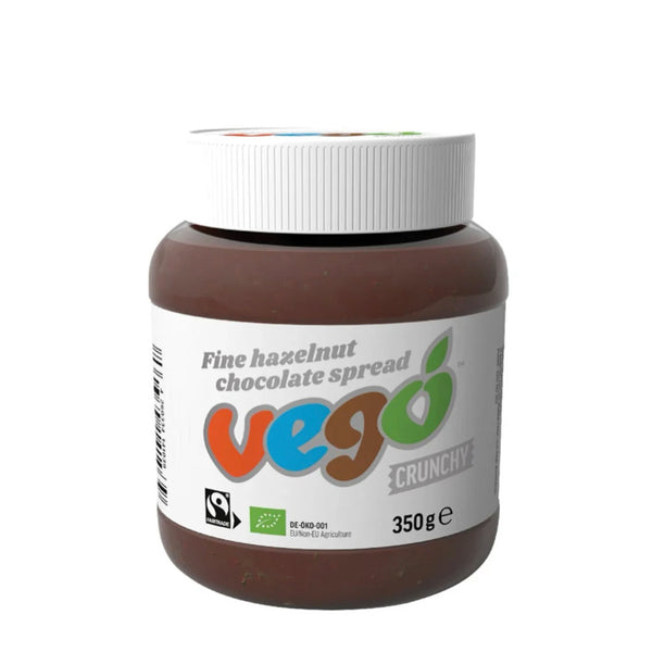 Jar of Vego crunchy fine hazelnut chocolate spread on a white background